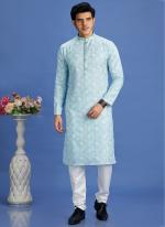 Cotton Blue Festival Wear Embroidery Work Kurta Pajama